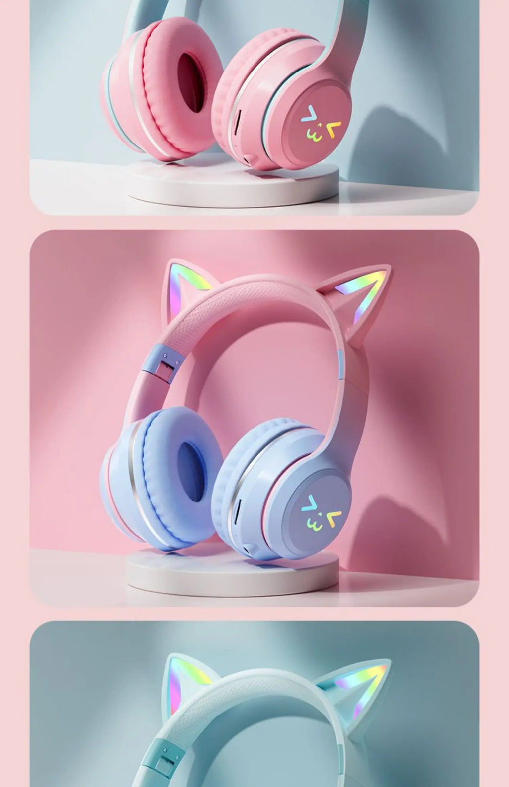 Cat's Ears Headset RGB Light Smile Face TWS Headset Gradient New Headphone Pink Little Girl Earphone Gift Suitable for Any Phone