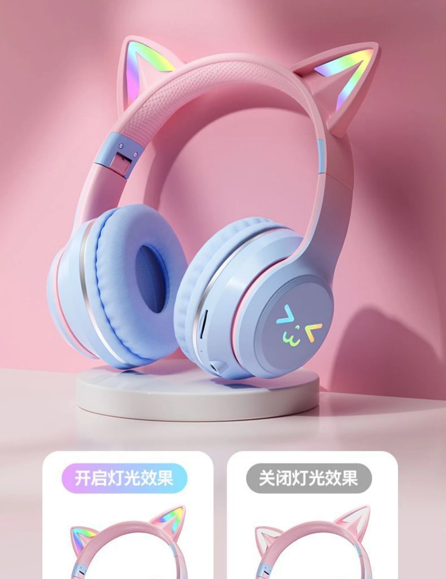 Cat's Ears Headset RGB Light Smile Face TWS Headset Gradient New Headphone Pink Little Girl Earphone Gift Suitable for Any Phone