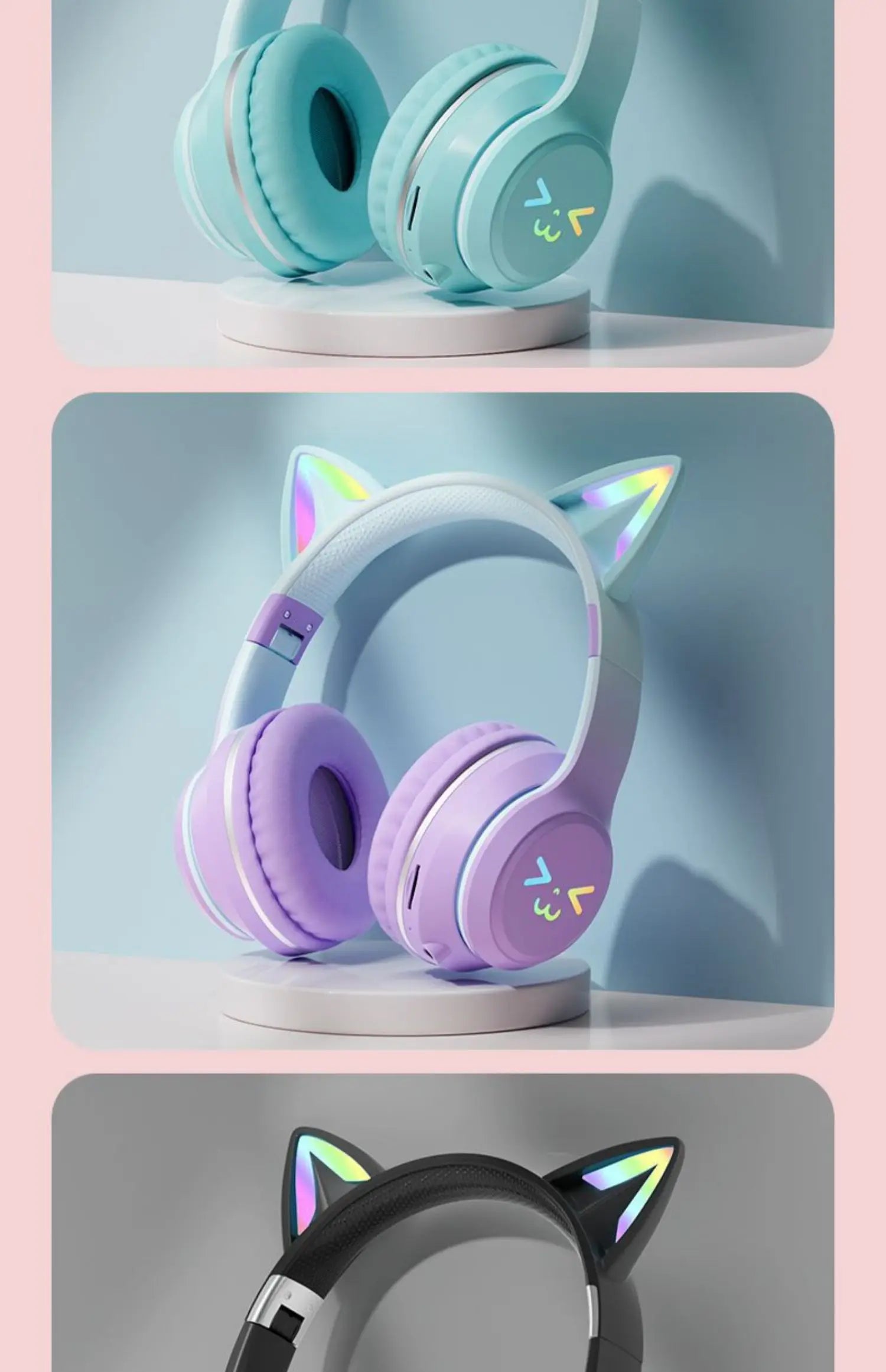 Cat's Ears Headset RGB Light Smile Face TWS Headset Gradient New Headphone Pink Little Girl Earphone Gift Suitable for Any Phone